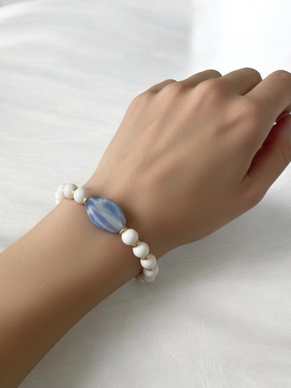 Blue and White Beaded Bracelet with Gold Accents